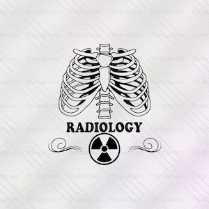 May include: Black and white illustration of a ribcage with the word "RADIOLOGY" underneath. A black and white radiation symbol is below the text.