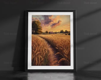 Cuadro decorativo de atardecer en un campo de trigo, lámina de sendero dorado en la granja, póster de cosecha campestre, decoración de paisaje rural, arte de campo de trigo, lámina de pared de granja