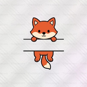 Peut inclure: Illustration d'un renard de dessin animé en orange, crème et noir. Le renard est divisé entre deux lignes horizontales, avec la tête au-dessus et le corps en dessous. Le texte "Thinkdecent" est répété en arrière-plan.