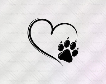 May include: A black heart-shaped design with a paw print inside. The heart is outlined with a thick, curved line, and the paw print is a solid black shape. The design is on a light gray background.