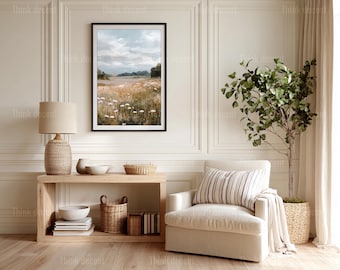 Arte mural de paisaje campestre con flores silvestres, pintura rústica de campo, arte mural de naturaleza neutra, decoración del hogar estilo cottagecore de granja