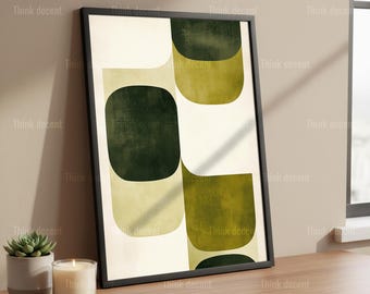 Olive Green Wall Art Print, Retro Geometric Print, Abstract Shapes Wall Art, Mid Century Modern Print, Bold Green Home Decor Print