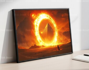 Egyptian Pyramid Fire Ring Wall Art, Desert Fantasy Portal Poster, Ancient Egypt Apocalypse Painting, Mystic Flaming Sun Gate Art Print
