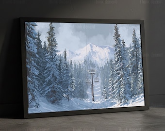 Winter Mountain Wall Art, Snowy Forest Ski Lift Painting Print, Alpine Landscape Artwork, Winter Nature Artwork For Home Decor