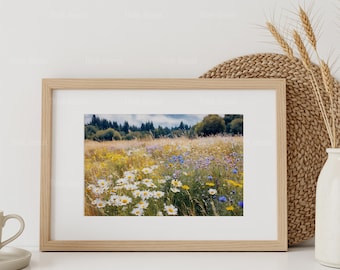 Wildflower Meadow Painting, Vintage Landscape Print, Nature Meadow Wall Art, Meadow Landscape Print, Colorful Rustic Nature Decor