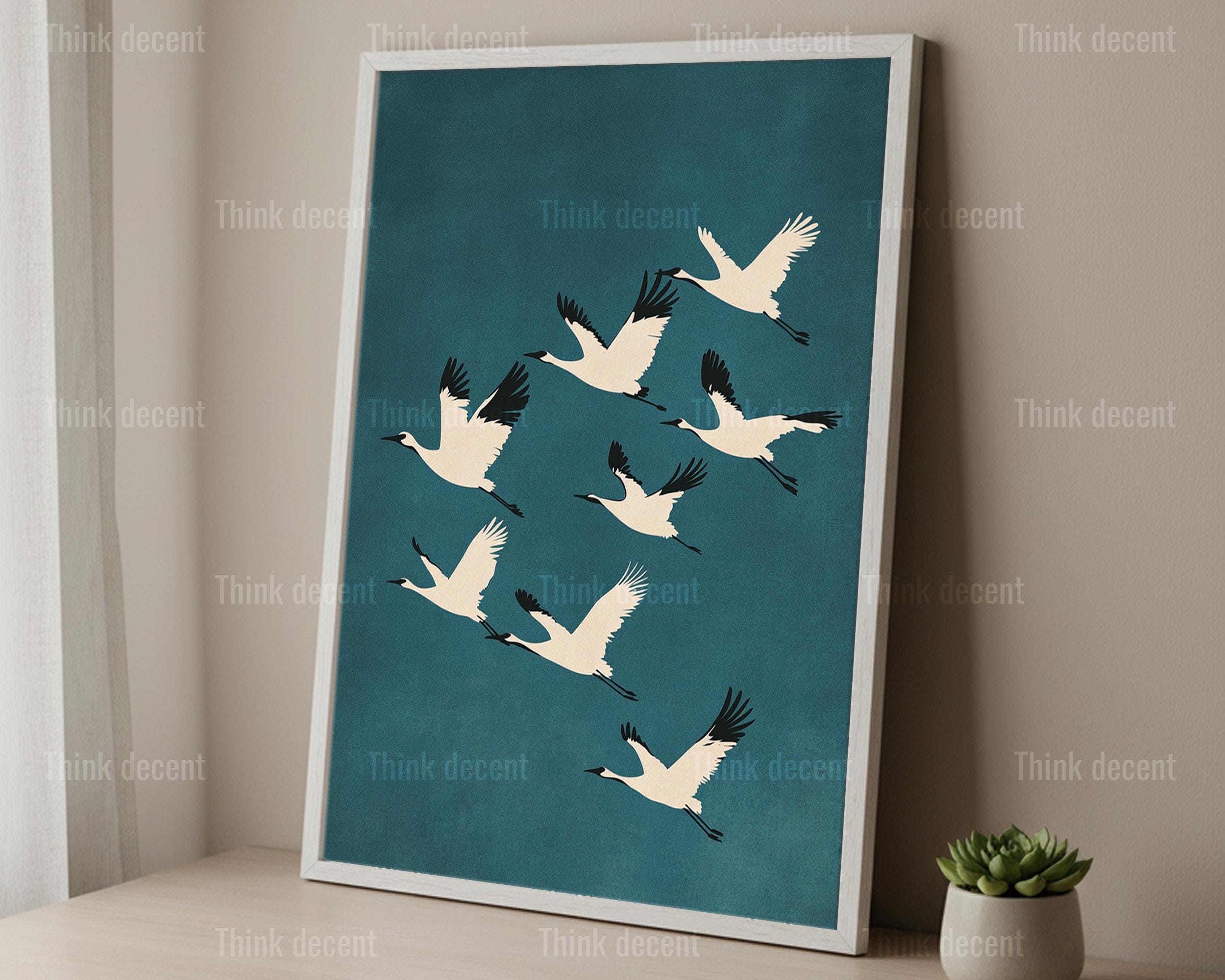 Flying Cranes Wall Art Print, Japanese Crane Flock Print, White