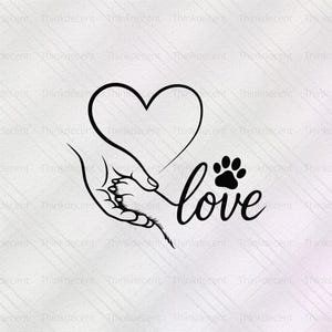 May include: A black and white graphic featuring a hand holding a paw, a heart, and the word "love". The design is a simple line drawing, perfect for pet lovers. The background is a light, textured pattern.