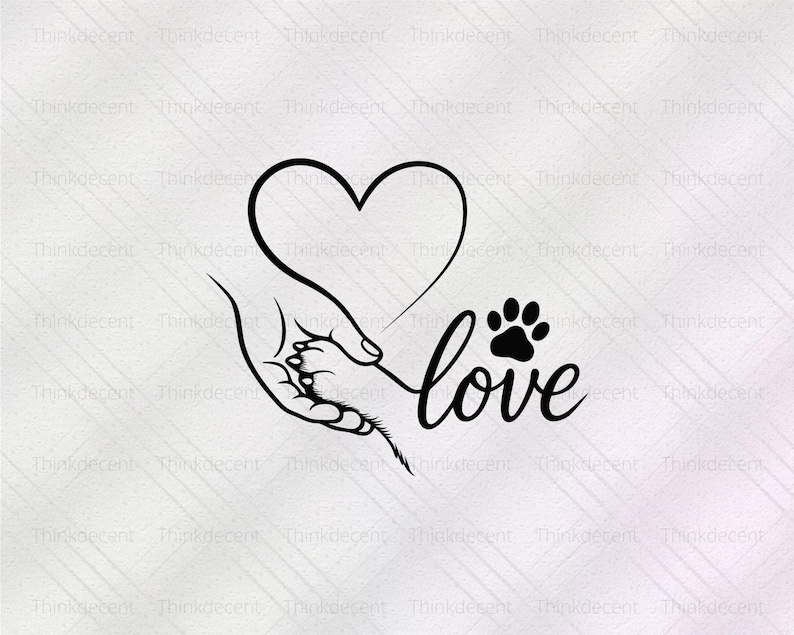 May include: A black and white graphic featuring a hand holding a paw, a heart, and the word "love". The design is a simple line drawing, perfect for pet lovers. The background is a light, textured pattern.