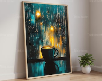 Rainy Window Coffee Wall Art, Cozy Night Coffee Cup Poster, Moody Teal City Lights Print, Steamy Coffee Painting, Dark Rainy Night Decor