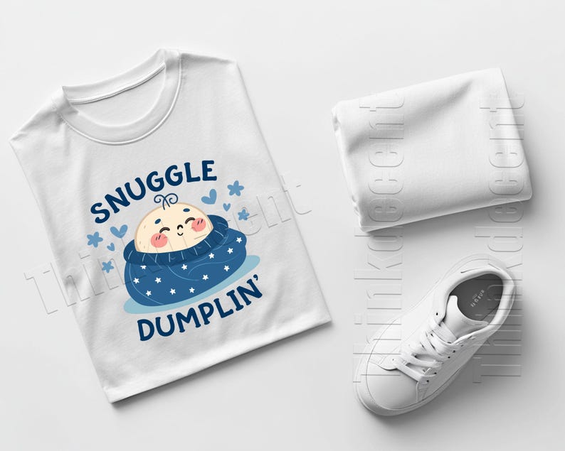May include: White t-shirt with the text "SNUGGLE DUMPLIN'" and a cartoon baby design in blue and peach. A folded white cloth and a white sneaker are also in the image.