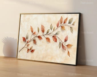 Autumn Leaf Branch Wall Art, Watercolor Fall Leaves Print, Neutral Botanical Poster, Beige Leaf Decor, Fall Branch Art, Leaf Wall Print