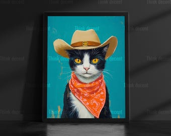 Cowboy Cat Wall Art, Tuxedo Cat Cowboy Print, Funny Cat Poster, Teal Western Cat Decor, Cat Cowboy Hat Art, Funny Western Animal Wall Print