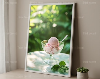 Decoración de pared con forma de tazón de helado rosa, lámina de helado de fresa, póster de postres de verano, decoración dulce para la cocina, arte de helados, lámina de pared para la cocina con temática de postres.