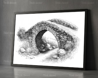 Boceto de puente de piedra para pared, lámina de puente en blanco y negro, póster de puente de arco rústico, decoración de dibujo a lápiz, arte de puente de piedra, lámina de naturaleza para pared