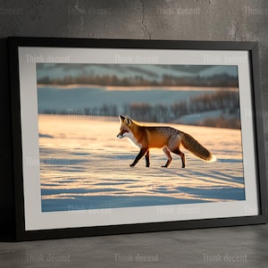 May include: Framed print depicting a fox traversing a snowy field. The fox has reddish-orange fur and a bushy tail. The background shows a snowy landscape bathed in a soft, golden light.