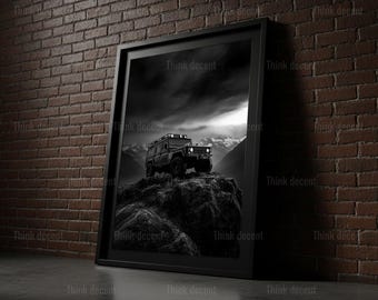 Land Rover Defender Wall Art Print, Off Road 4x4 Mountain Print, Black and White Jeep Print, Adventure Wall Art, Car Print For Home Decor