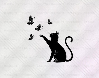 Cat With Butterfly Svg, Cat Silhouette Svg, Cat Playing Png, Cat Lover T-Shirt, Cat Shirt Svg, Cat And Butterfly Png, Cat And Butterfly Svg