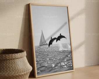 Minimalist Dolphin Art Print, Black and White Ocean Wildlife (Digital Download)