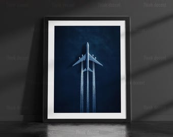 Airplane Wall Art Print, Jet Contrail Aerial View Print, Commercial Airplane Dark Sky Print, Aviation Art Print, Aviation Lover Gift Print