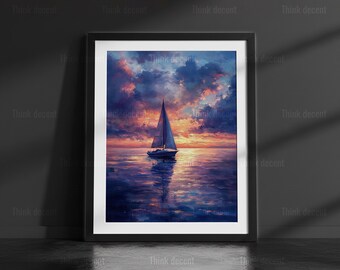 Sailboat Sunset Ocean Wall Art, Dramatic Sky Sailing Print, Blue Orange Sea Poster, Coastal Decor, Sailing Art, Ocean Sunset Wall Print