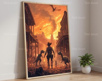 Cowboy Dinosaur Wall Art Print, Cowboy Raptor Western Print, Wild West Dinosaur Art Print, Cowboy Dinosaur Print For Home Decor