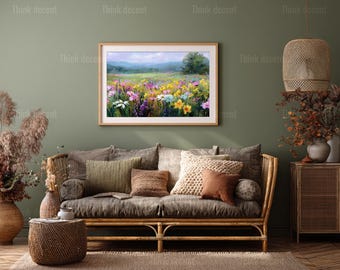 Art mural champêtre coloré de fleurs sauvages, peinture florale impressionniste de paysage, impression nature prairie printanière, peinture à l'huile florale pour décoration d'intérieur