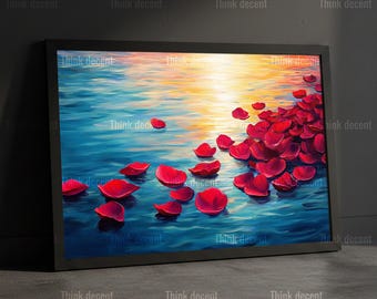Rose Petals Floating Wall Art, Red Petal Ocean Print, Romantic Floral Poster, Red Blue Water Decor, Rose Petal Art, Romantic Wall Print