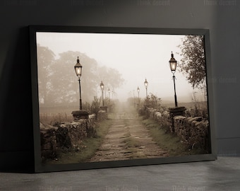Foggy Path Wall Art, Vintage Street Lamp Artwork, Countryside Fog Artwork, Misty Landscape Wall Decor, Minimalist Nature Home Decor