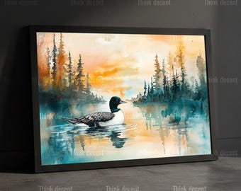 Loon Watercolor Wall Art Print, Common Loon Lake Sunset Poster, Teal Orange Nature Bird Painting, Misty Pine Forest Lake Reflection Art