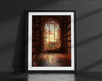 Enchanted Library Wall Art Print, Floral Arched Window Print, Fantasy Bookshelf Print, Book Lover Gift Print, Reading Room Wall Decor