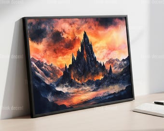 Dark Fantasy Mountain Wall Art, Epic Fire Sky Print, Dramatic Rock Poster, Orange Mountain Decor, Fantasy Landscape Art, Mountain Wall Print