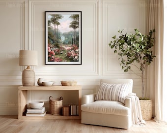 Romantic Garden Landscape Painting with Couple wall art, rose garden wall art, French Villa Rose Pathway Wall Art For Home Decor