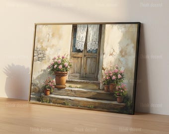 Rustic Door Wall Art Print, Cottage Door Flower Pot Print, French Country Door Print, Tuscan Doorway Print, Rustic Door Print For Home Decor