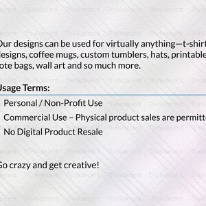 May include: Text on a white background states designs can be used for t-shirts, mugs, tumblers, hats, printables, tote bags, and wall art. Usage terms include personal/non-profit and commercial use, with no digital product resale. The text encourages creativity.