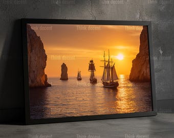 Golden Sunset Sailing Ship Wall Art, Golden Sunset Nautical Seascape Print, Maritime Wall Art, Ocean Sunset Wall Art For Home Decor