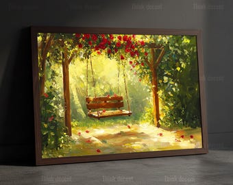 Garden Swing Red Rose Wall Art, Sunlit Rose Arch Print, Wooden Swing Poster, Floral Garden Decor, Rose Garden Art, Cottage Garden Wall Print