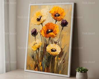 Yellow Poppy Wall Art Print, Orange Poppy Oil Painting Print, Poppy Flower Field Print, Floral Wall Art Print, Poppy Print For Home Decor