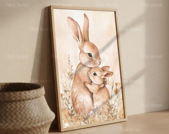 Bunny Wall Art Print, Mother Baby Rabbit Watercolor Print, Mama Bunny Nursery Art Print, Baby Shower Gift Print, Bunny Print For Home Decor