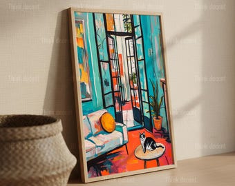 Cat in Living Room Wall Art Print, Black White Cat Interior Print, Colorful Cat Painting Print, Cat Wall Art Print, Cat Print For Home Decor