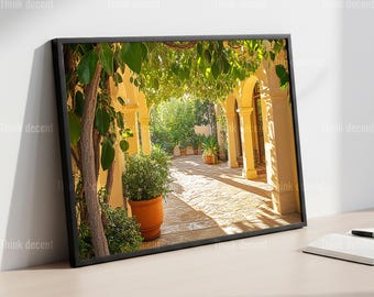 Mediterranean Courtyard Wall Art, Spanish Arch Garden Poster, Sunny Villa Pathway Print, Terra Cotta Garden Painting, Tuscan Patio Decor