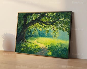 Cuadro decorativo de sendero forestal iluminado por el sol, lámina de roble verde, póster de sendero natural de verano, decoración verde exuberante, pintura de bosque, lámina de pared de bosque