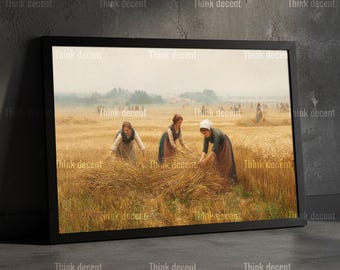 Vintage Farm Harvest Wall Art, Women Working In Wheat Field Painting, Vintage Realism Farmer Digital Print, Jean Millet Wall Art