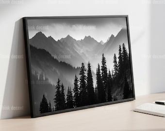Black And White Mountain Wall Art, Misty Forest Landscape Digital Print, Monochrome Mountain Wall Art For Home Decor, Modern Minimal Decor