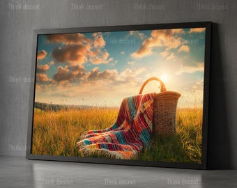 Decoración de pared con manta de cesta de picnic, lámina de campo de verano, póster de prado dorado, decoración de cielo campestre, arte de picnic de verano, lámina de pared de campo dorado