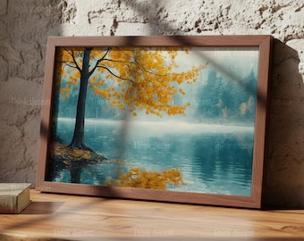 Cuadro decorativo de otoño con árbol y lago brumoso, lámina de árbol otoñal amarillo, póster de lago con niebla, decoración natural en tonos verde azulado y dorado, arte de reflejo otoñal, lámina de pared de otoño