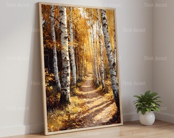 Cuadro decorativo de sendero otoñal con abedules, lámina de bosque dorado de otoño, póster de abedul blanco, decoración de sendero otoñal, arte de bosque de abedules, lámina de pared de bosque otoñal