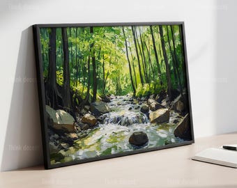 Arte mural de arroyo forestal, lámina de arroyo verde en el bosque, póster de río iluminado por el sol, decoración acuática de la naturaleza, arte de arroyo forestal, lámina mural de arroyo en el bosque