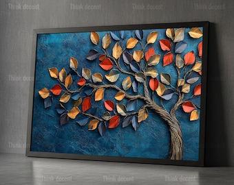 Colorful Tree Of Life Wall Art, Teal Blue Tree Print, Red Gold Leaf Poster, Textured Tree Decor, Bold Tree Art, Tree Of Life Wall Print