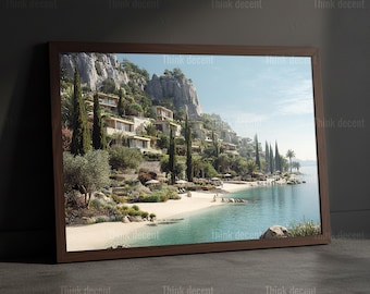 Mediterranean Coastal Wall Art, Luxury Seaside Landscape Digital Print, Coastal Home Decor, Mediterranean Seaside Resort Wall Art