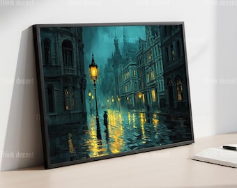Rainy Street Wall Art, Gas Lamp City Poster, Victorian Night Painting, Dark Moody Gothic London Decor, Cobblestone Street Print